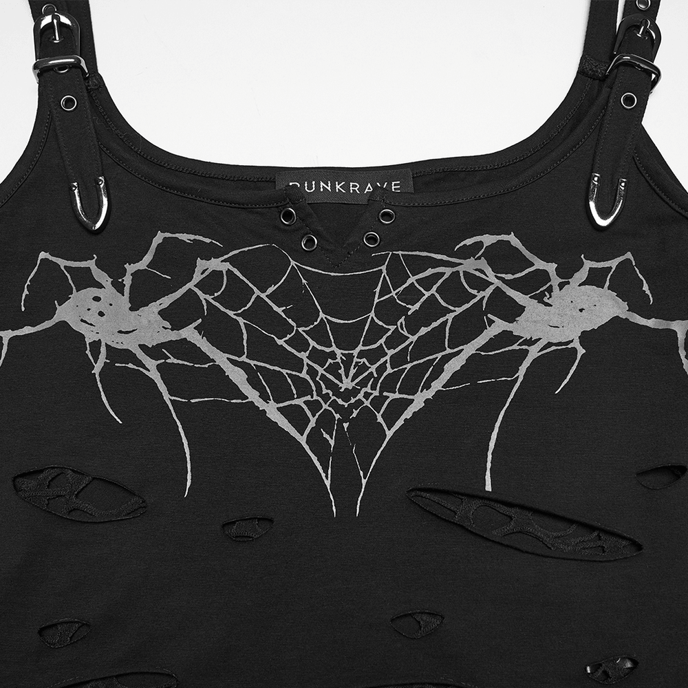 Alt Tag: Stylish Black Spider Web Distressed Punk Camisole with spiderweb print, distressed holes, gothic straps, and metal ring details