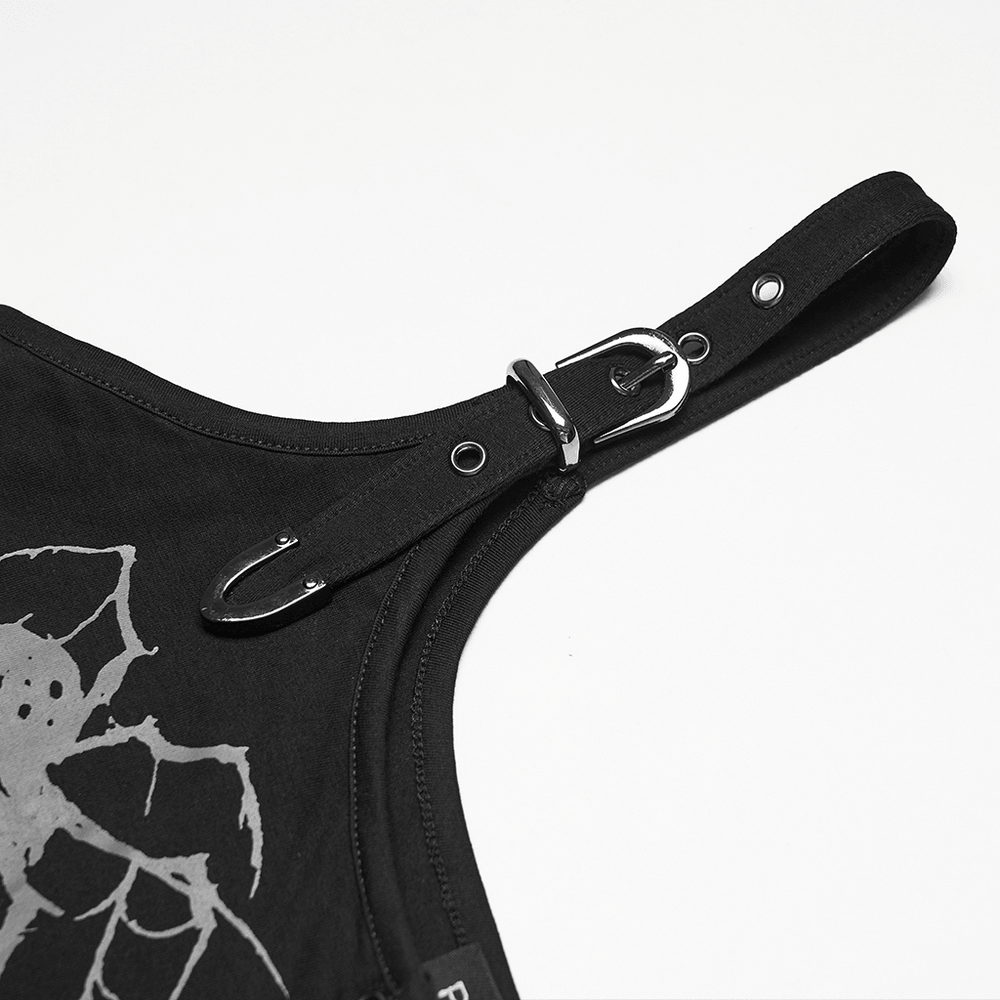Alt Tag: Stylish Black Spider Web Distressed Punk Camisole close-up of adjustable gothic strap with metal loops and spider web print