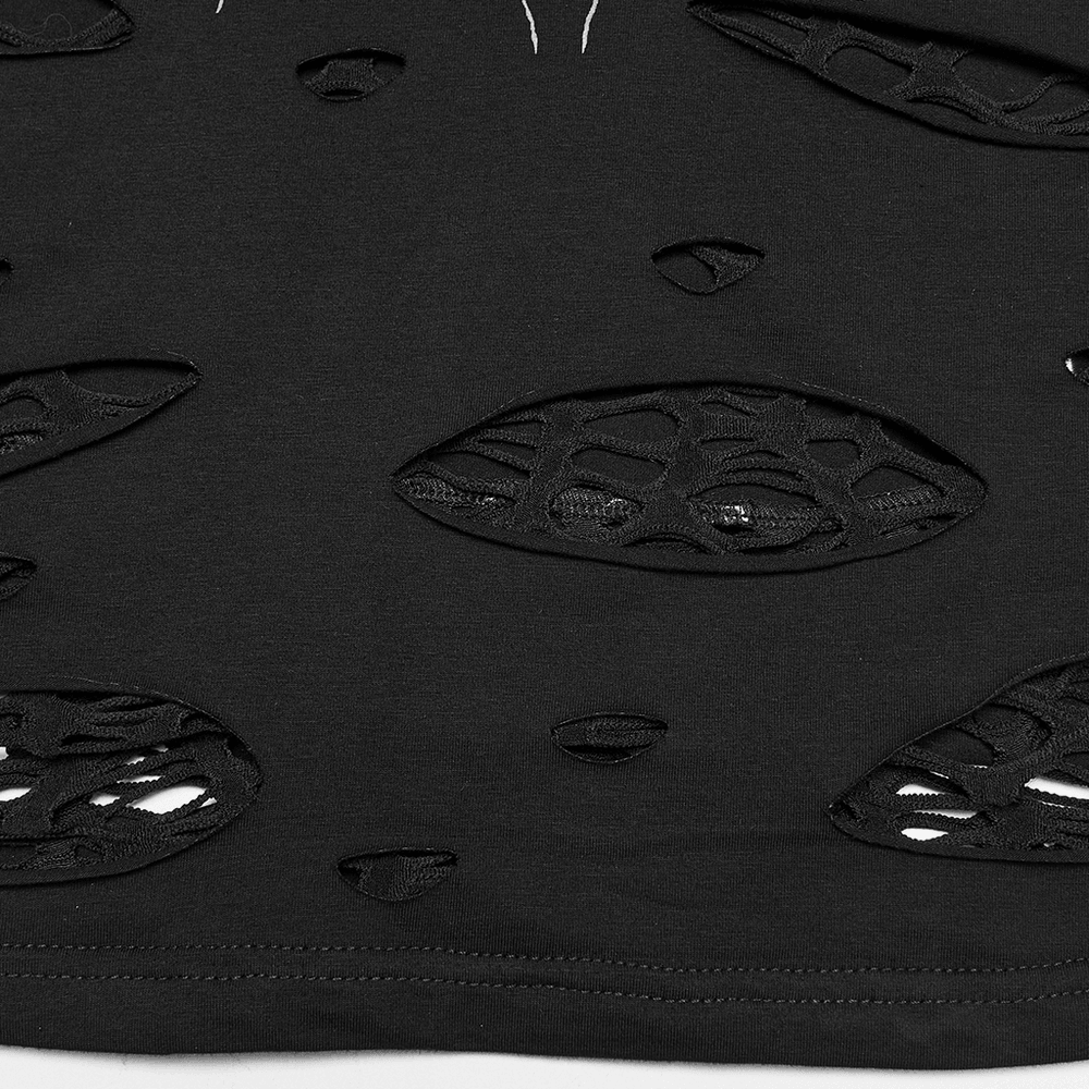 Alt Tag: Stylish Black Spider Web Distressed Punk Camisole close-up of black distressed knit with burned-out holes and mesh underlay
