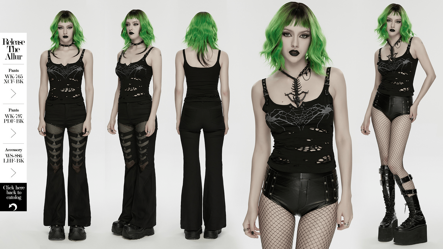 Alt Tag: Stylish Black Spider Web Distressed Punk Camisole on model with gothic straps, spiderweb print, distressed holes, black punk top front and back views