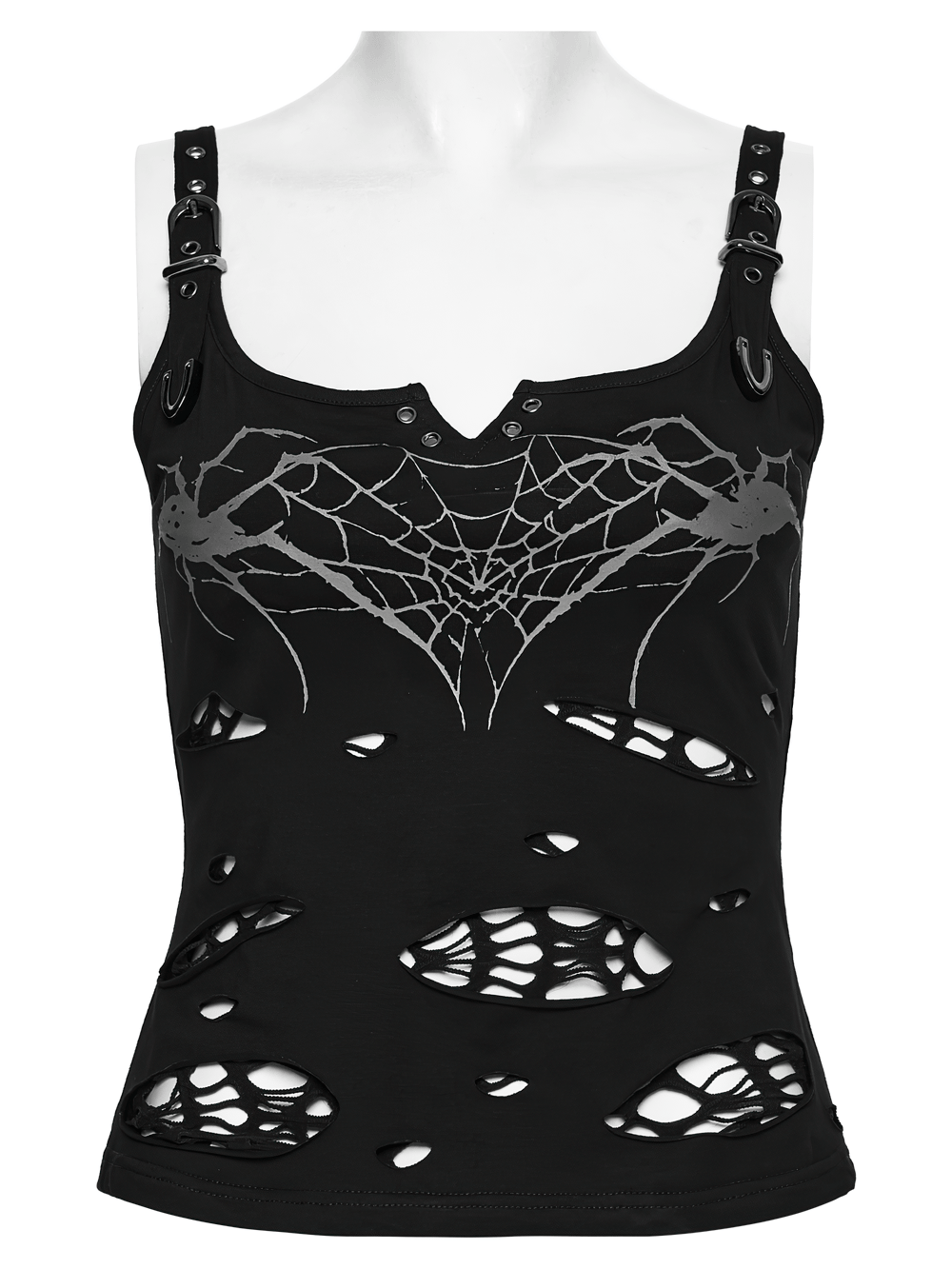 Alt Tag: Stylish Black Spider Web Distressed Punk Camisole with gothic straps, metal loops, tattered holes and spiderweb print front view