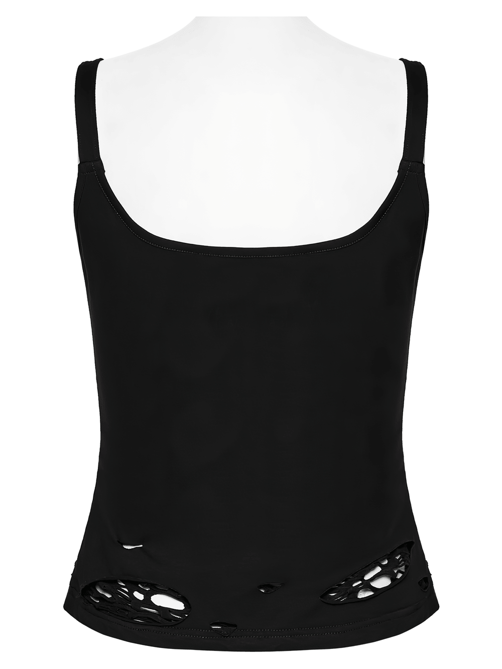 Alt Tag: Stylish Black Spider Web Distressed Punk Camisole back view, black gothic camisole with adjustable straps and distressed holes