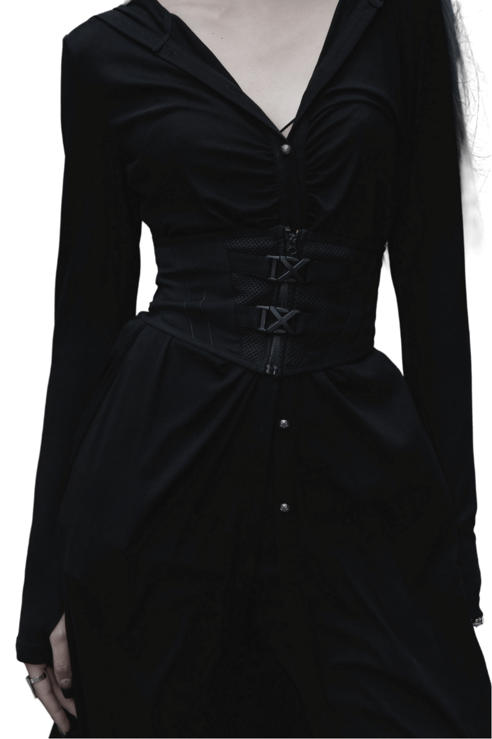 Stylish black laced-up waistband with modern buckle detail, enhancing silhouette and fit for contemporary fashion.