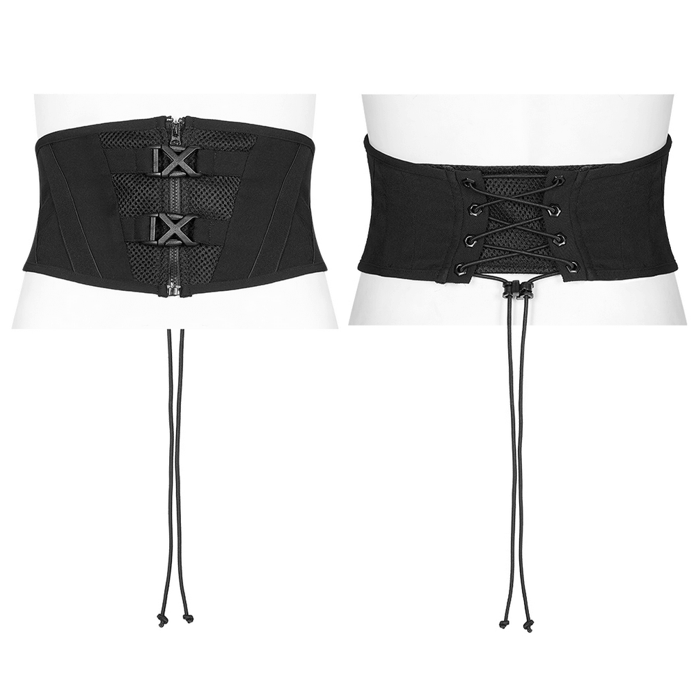Stylish black laced-up waistband featuring modern buckle and tie-back detail for a refined silhouette.