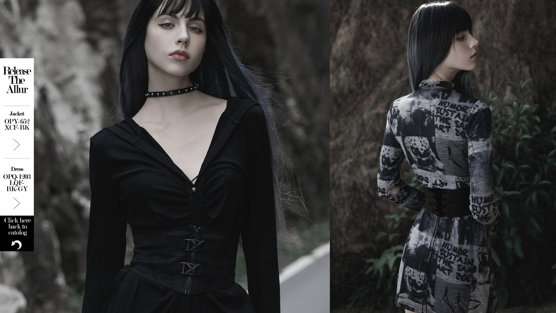 Model in stylish black outfit showcasing modern design, featuring a chic laced-up waistband and elegant accessories.