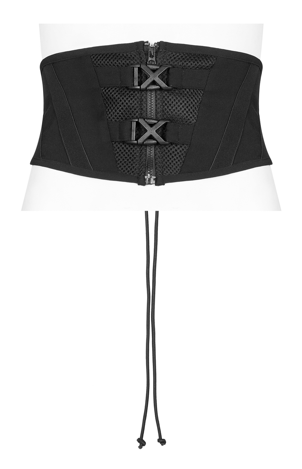 Stylish black waistband with modern buckle detail and laced-up design for a chic silhouette.