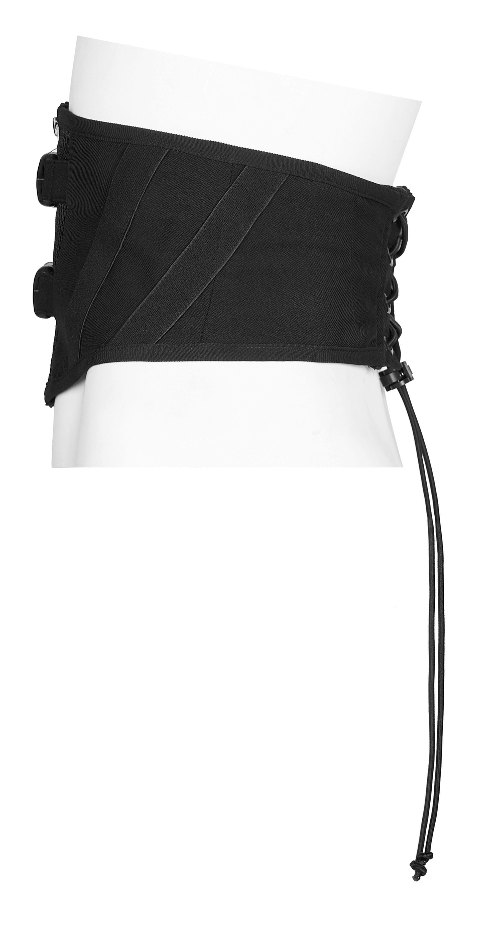 Stylish black laced-up waistband showcasing modern buckle detail and elastic tie-back for a perfect fit.