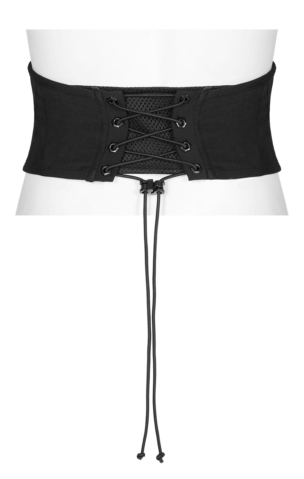 Stylish black laced-up waistband with modern buckle detail and adjustable tie-back for a sleek silhouette.