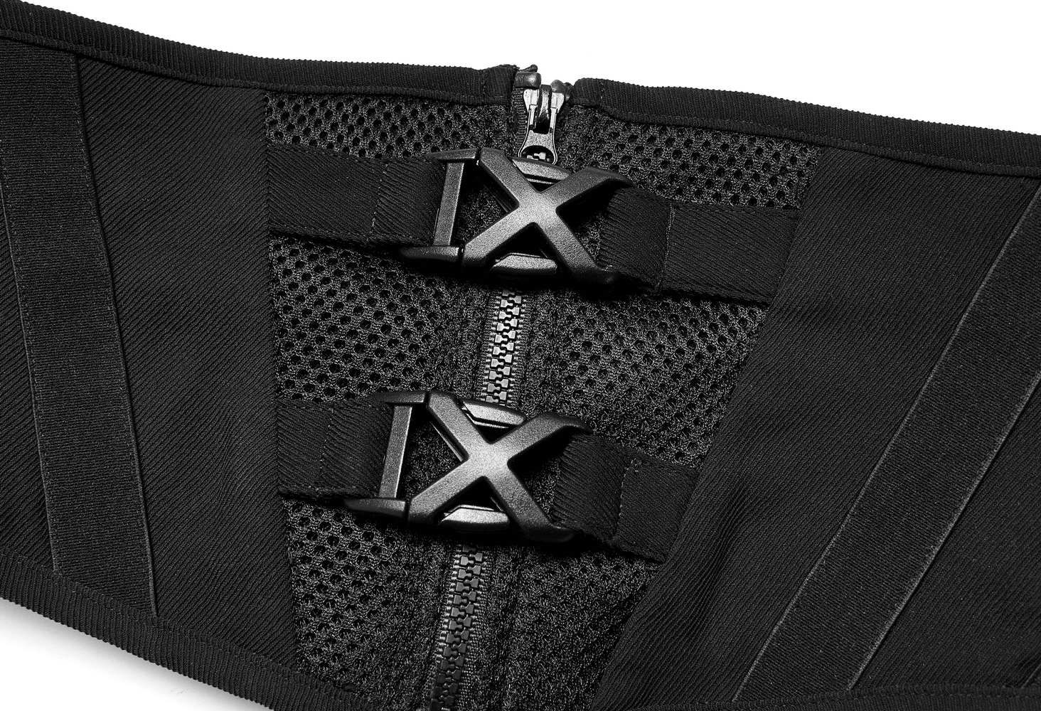 Stylish black waistband with modern buckles showcasing sleek design and breathable mesh detail.