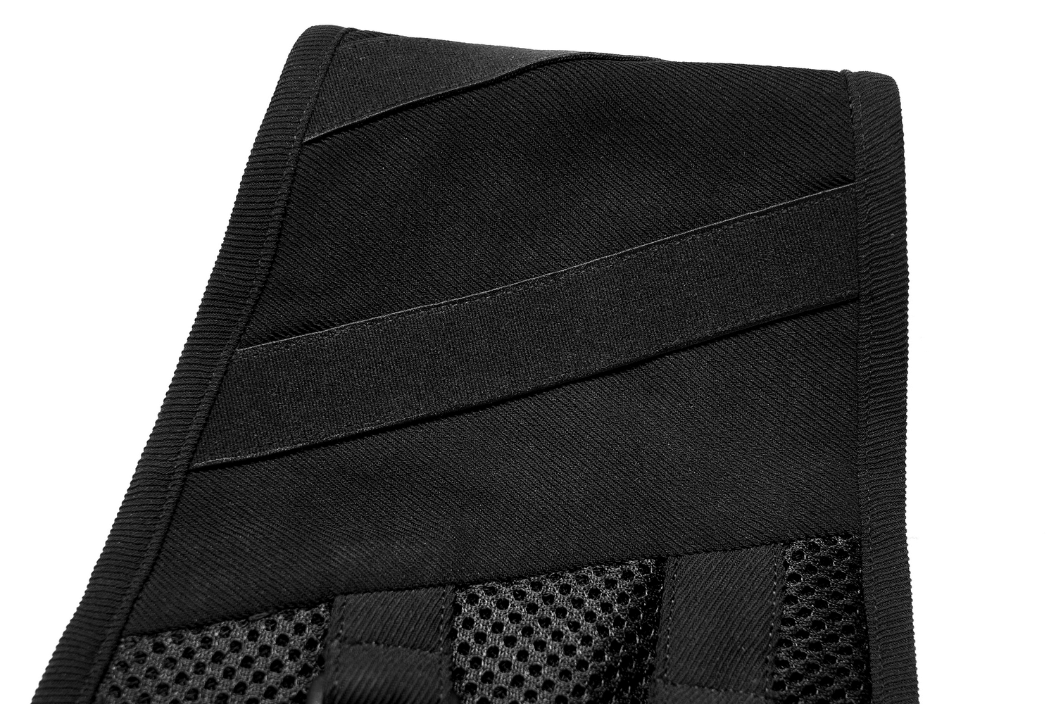Close-up of a stylish black waistband with modern buckle detail and textured fabric.