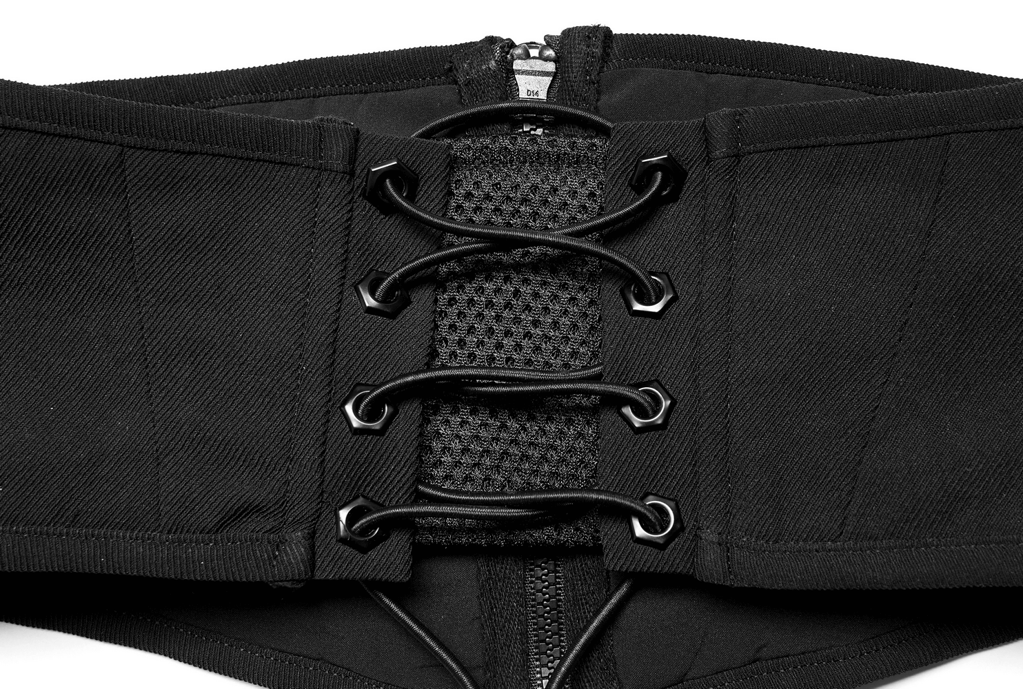 Close-up of a stylish black laced-up waistband with modern buckle detail, showcasing sleek design and optimal fit.