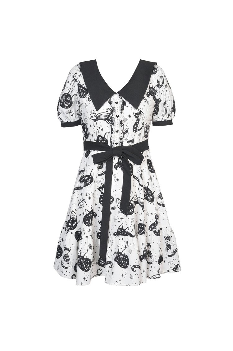 Stylish Cat Print Dress with Black Ribbon Detail