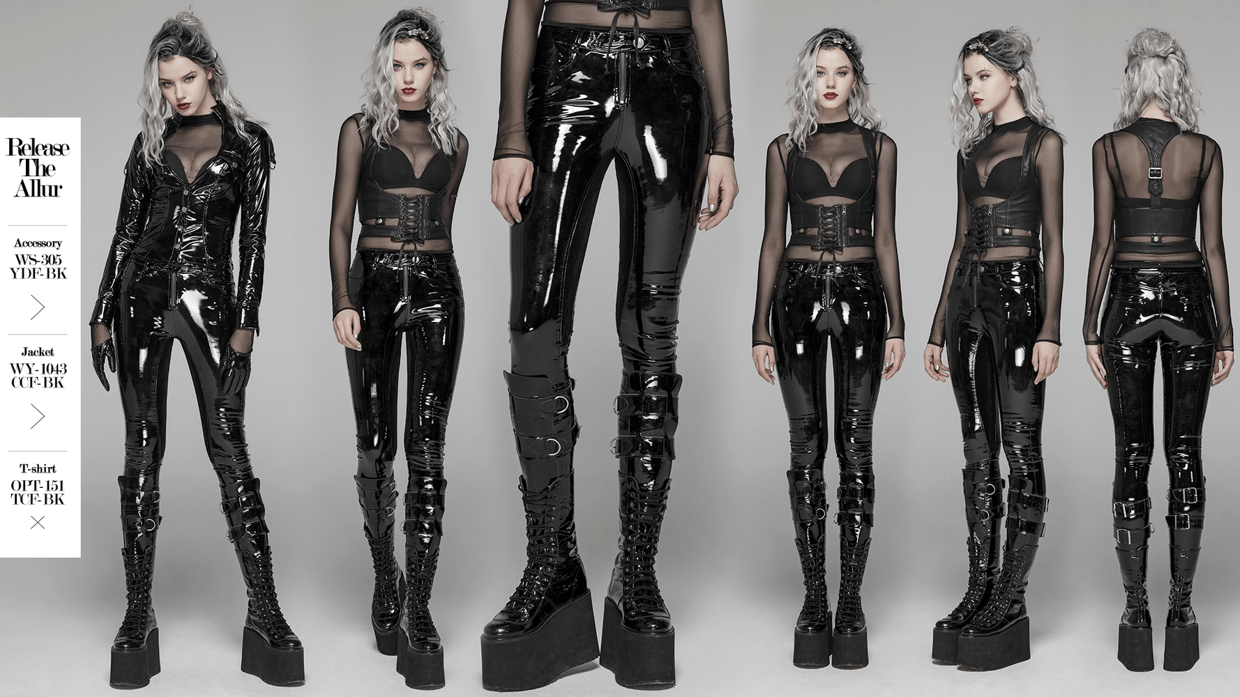 Stylish black shiny vinyl leggings for women, featuring a high-waisted design and zip closure, perfect for a punk rock look.