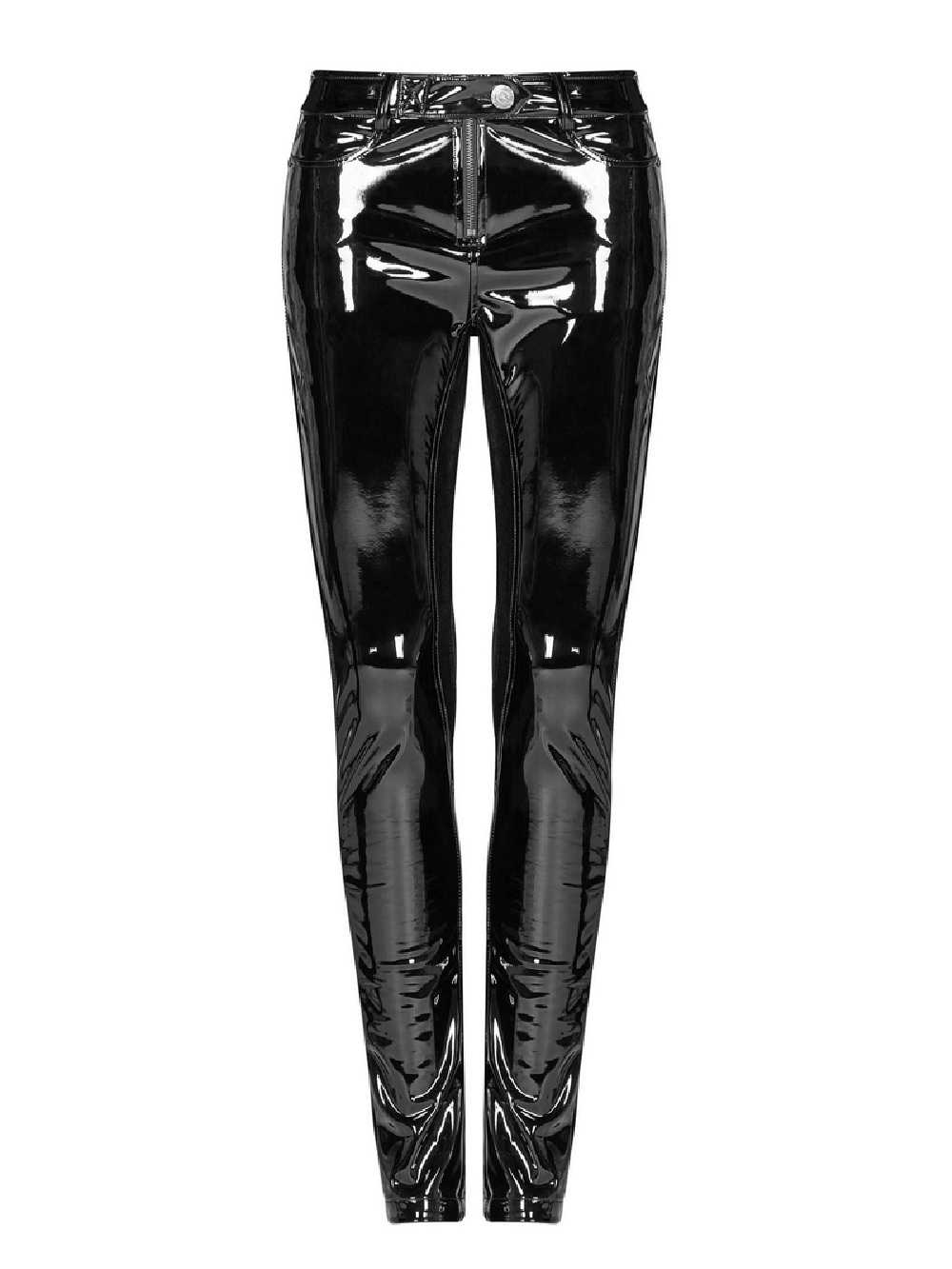 PUNK high-waisted shiny black vinyl leggings for women with zip closure, perfect for a chic rockstar look.