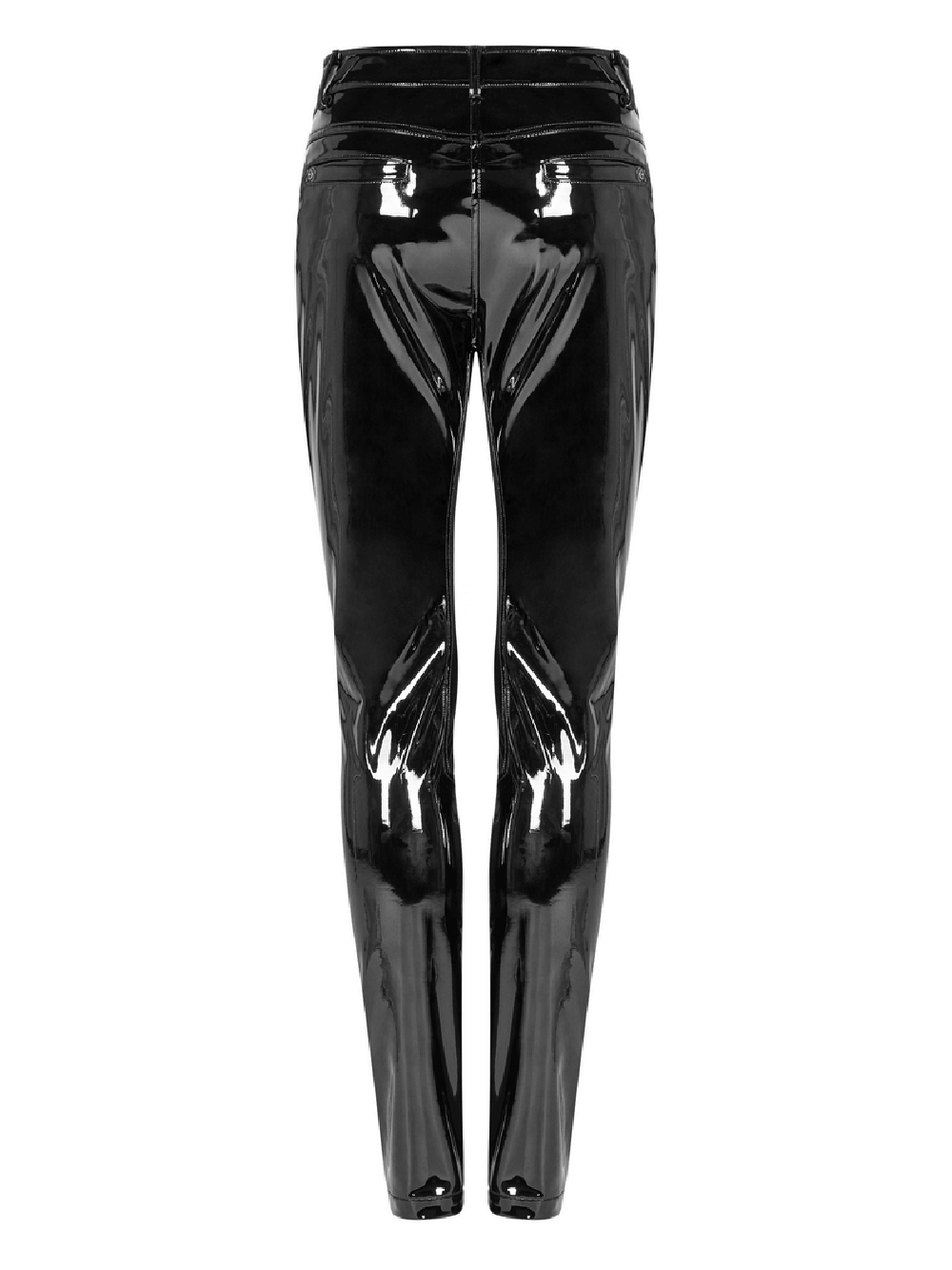 Stylish high-waisted black shiny vinyl leggings with zipper closure, perfect for a trendy punk look.