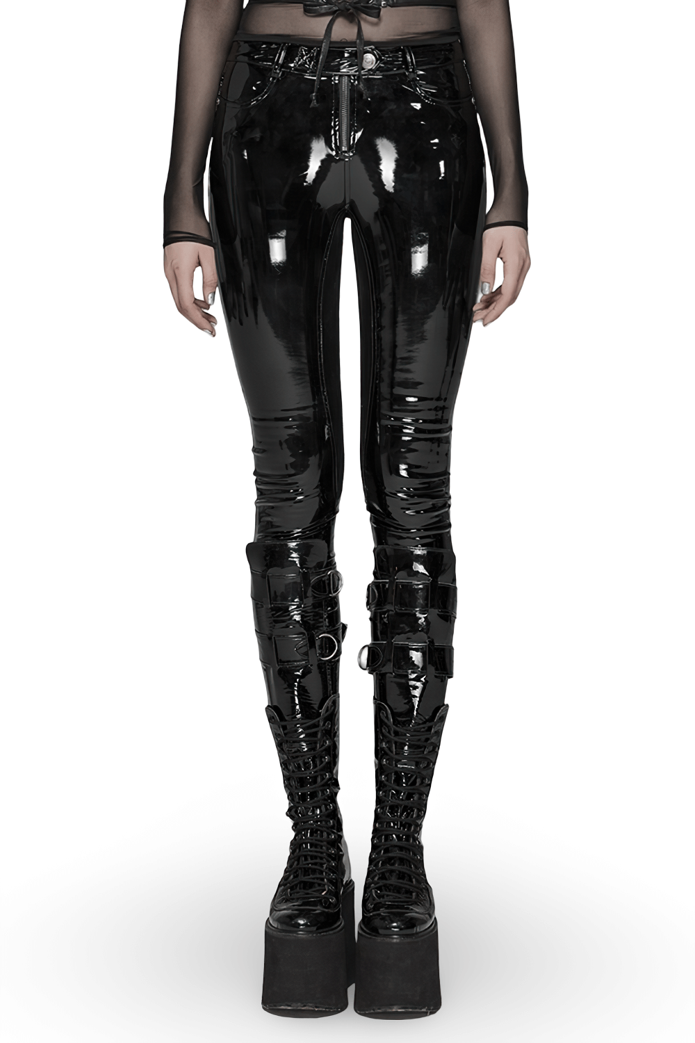 Stylish high-waisted black shiny vinyl leggings for women with zipper closure, perfect for a chic punk look.
