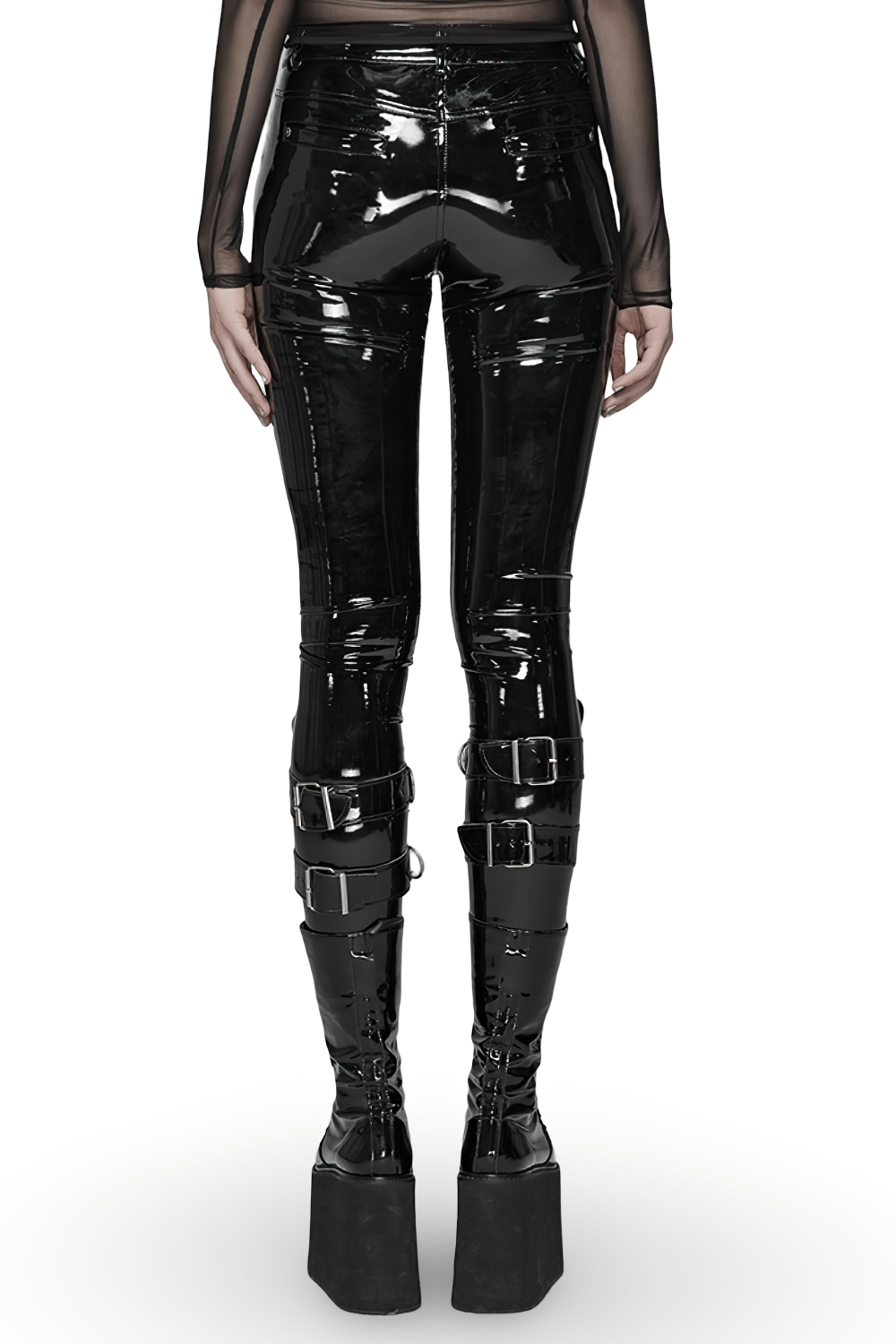 Back view of stylish high-waisted black shiny vinyl leggings for women with a sleek finish and edgy buckle details.