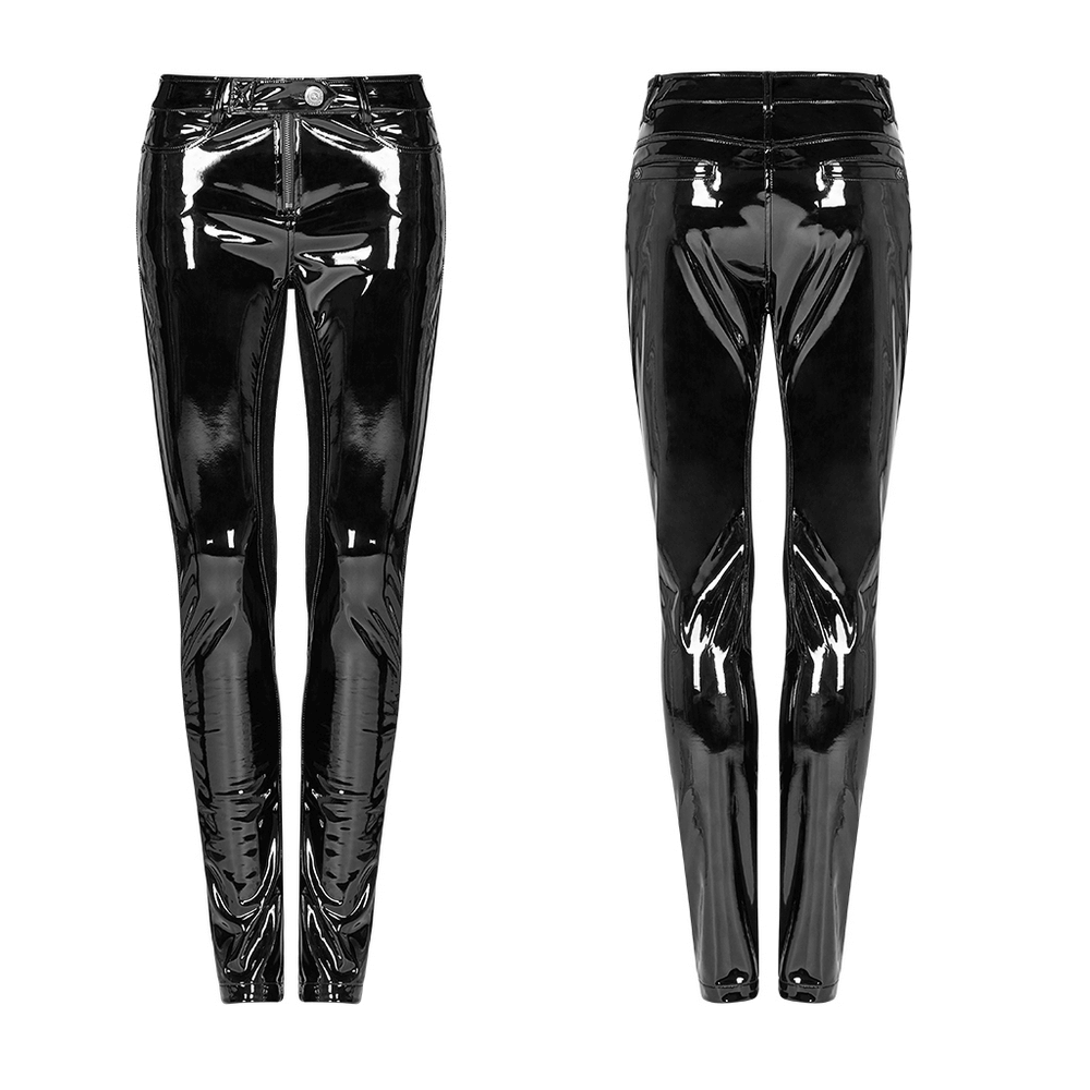 Stylish high-waisted black shiny vinyl leggings with zip closure, perfect for a chic punk look.