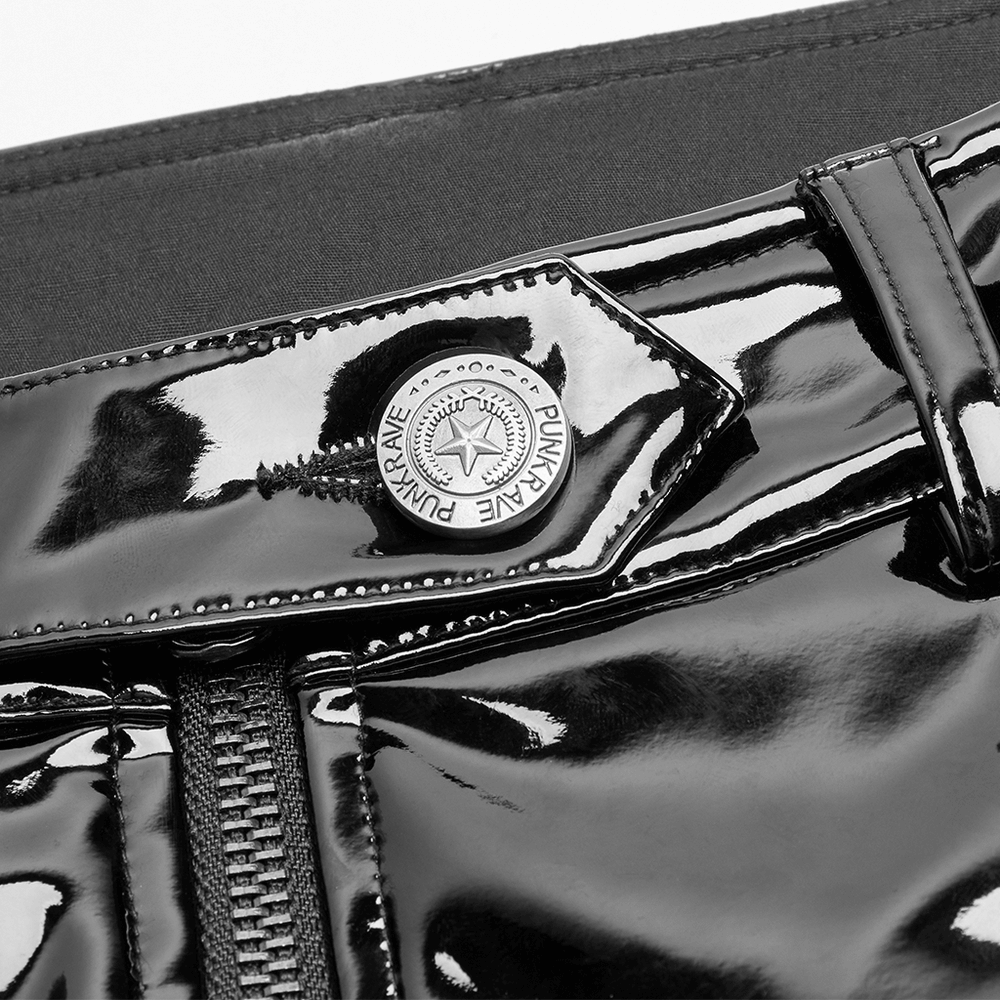 Close-up of shiny black vinyl leggings with zip closure and stylish logo detail for women.