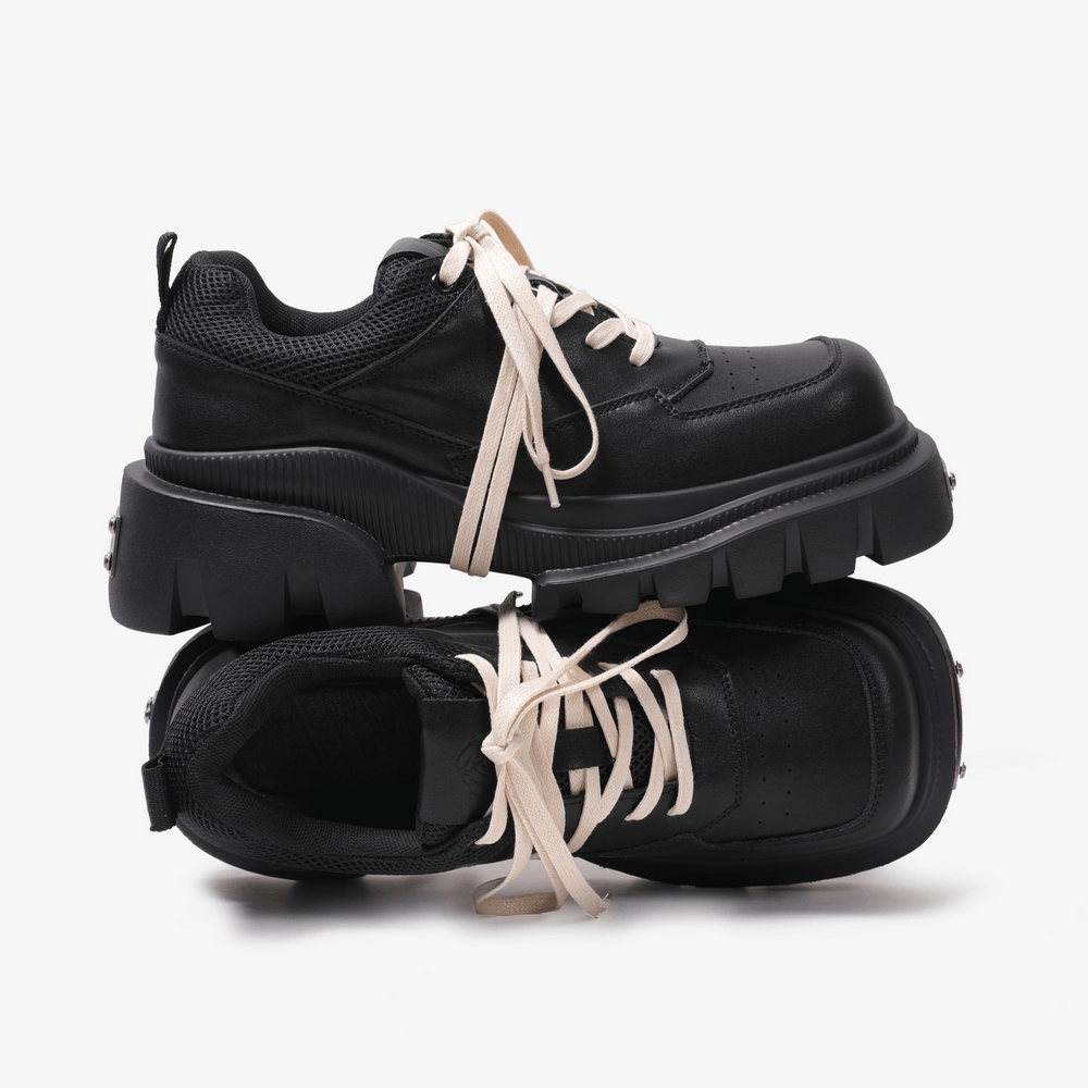Stylish Chunky Platform Lace-Up Shoes with Thick Lug Soles, black women's mesh-trim sneakers with cream laces