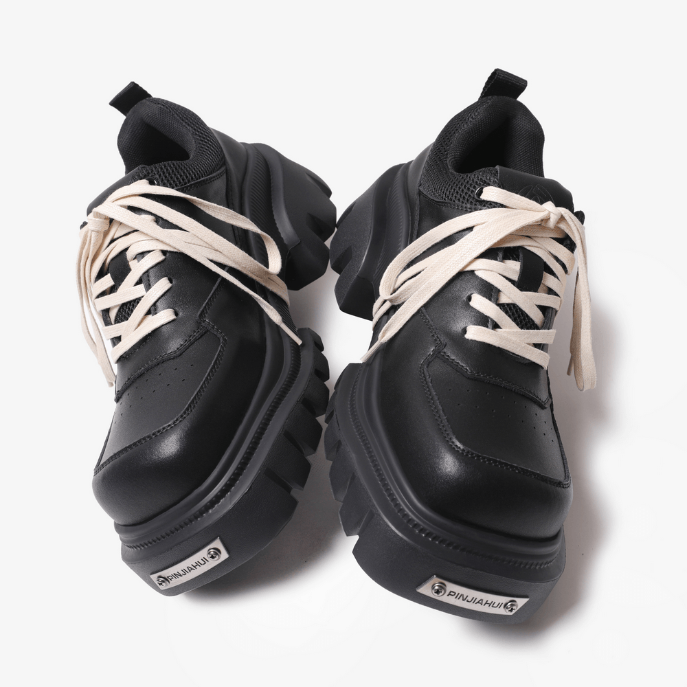 Stylish Chunky Platform Lace-Up Shoes with Thick Lug Soles black women's shoes with cream laces and mesh collar