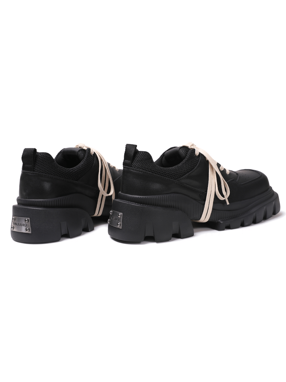 Stylish Chunky Platform Lace-Up Shoes with Thick Lug Soles, black women's platform sneakers with cream laces and mesh trim