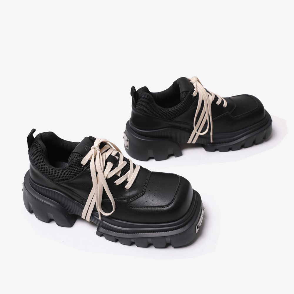 Stylish Chunky Platform Lace-Up Shoes with Thick Lug Soles, black mesh women's shoes with cream laces