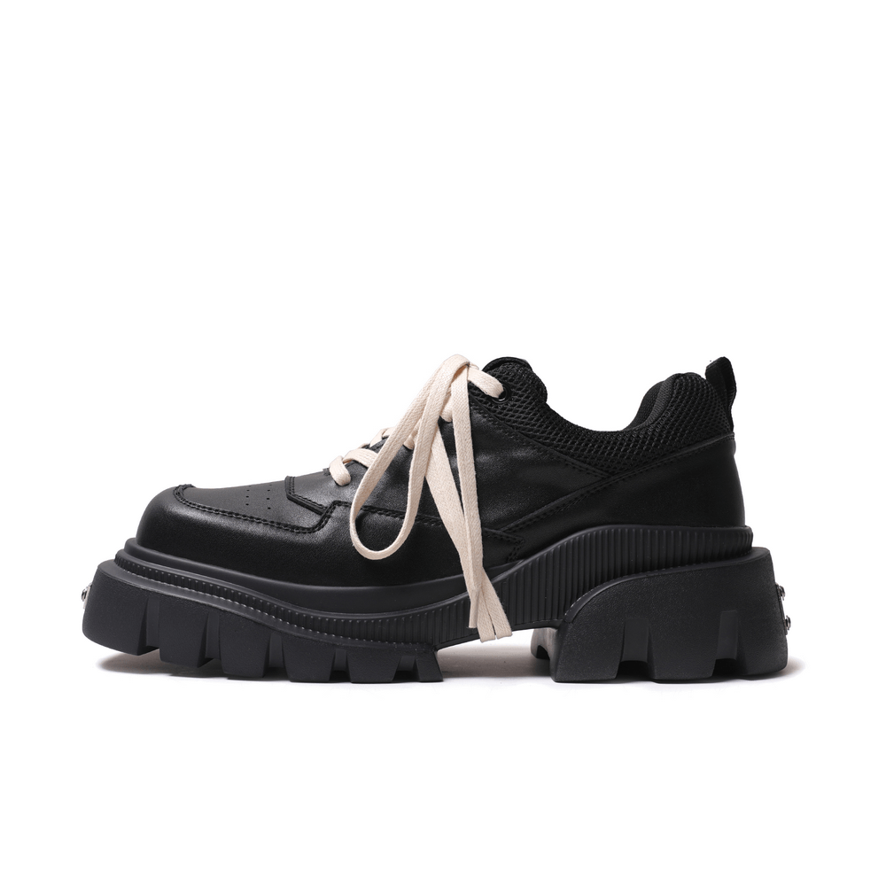 Stylish Chunky Platform Lace-Up Shoes with Thick Lug Soles black women's shoe with cream laces, mesh collar and lug tread