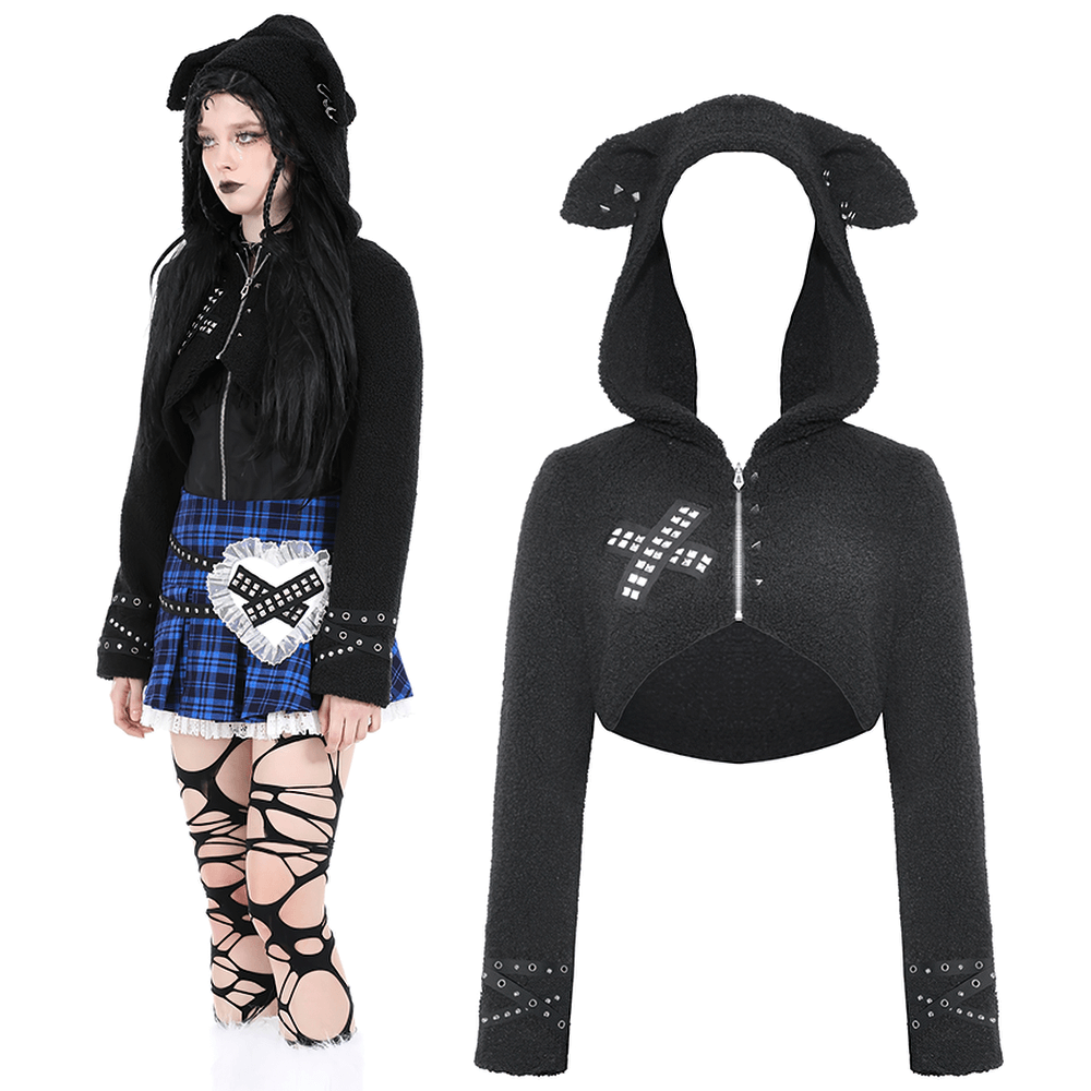 Stylish Crop Hoodie with Dog Ears and Silver Spikes