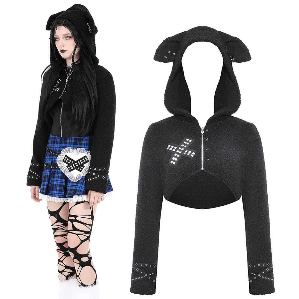 Stylish black cropped hoodie with dog ears and silver spikes, perfect for edgy outfits.