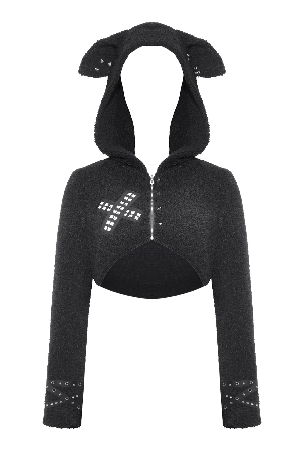 Stylish black cropped hoodie with playful dog ears and edgy silver spikes, perfect for adding edge to any outfit.