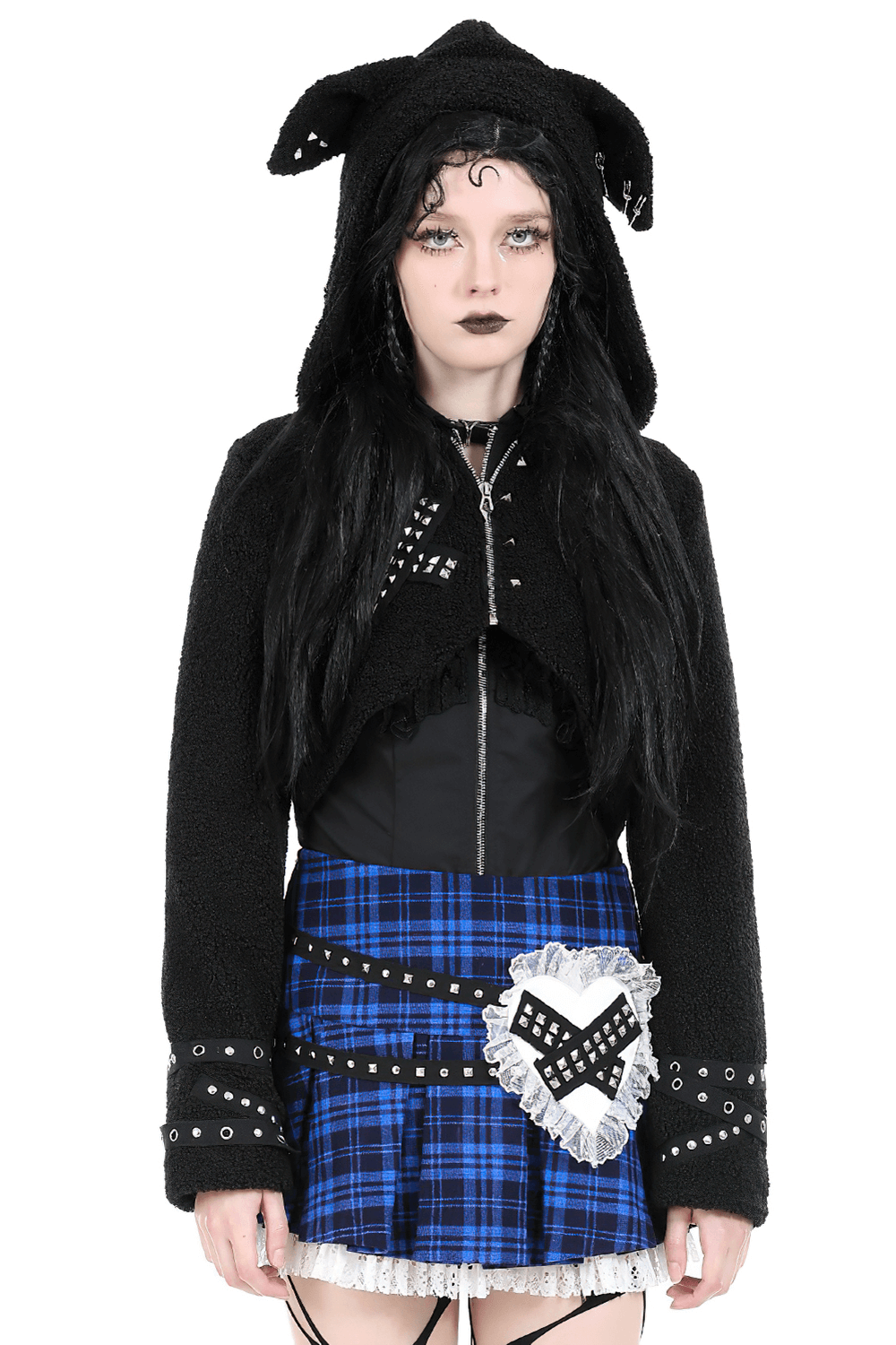 Stylish black cropped hoodie with dog ears and spikes, worn with a blue plaid skirt, perfect for edgy outfits.