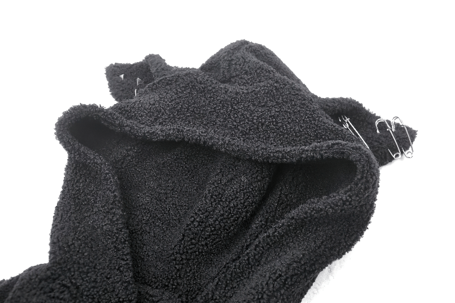 Edgy black cropped hoodie with playful dog ears and silver spikes, made from cozy fleece.