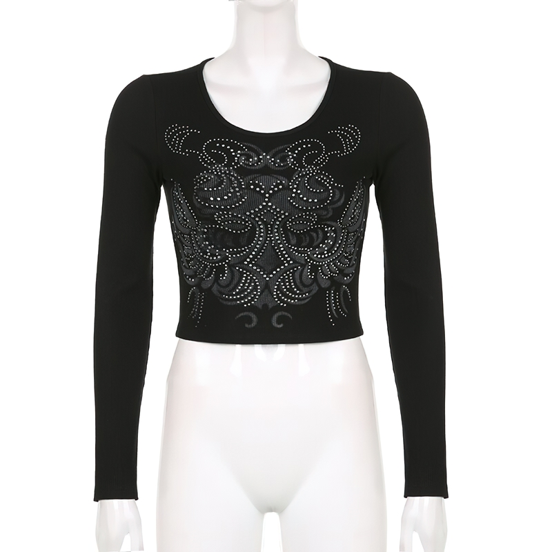 Stylish Cropped Slim Top Of O-Neck And Long Sleeve For Women / Fashion Streetwear - HARD'N'HEAVY