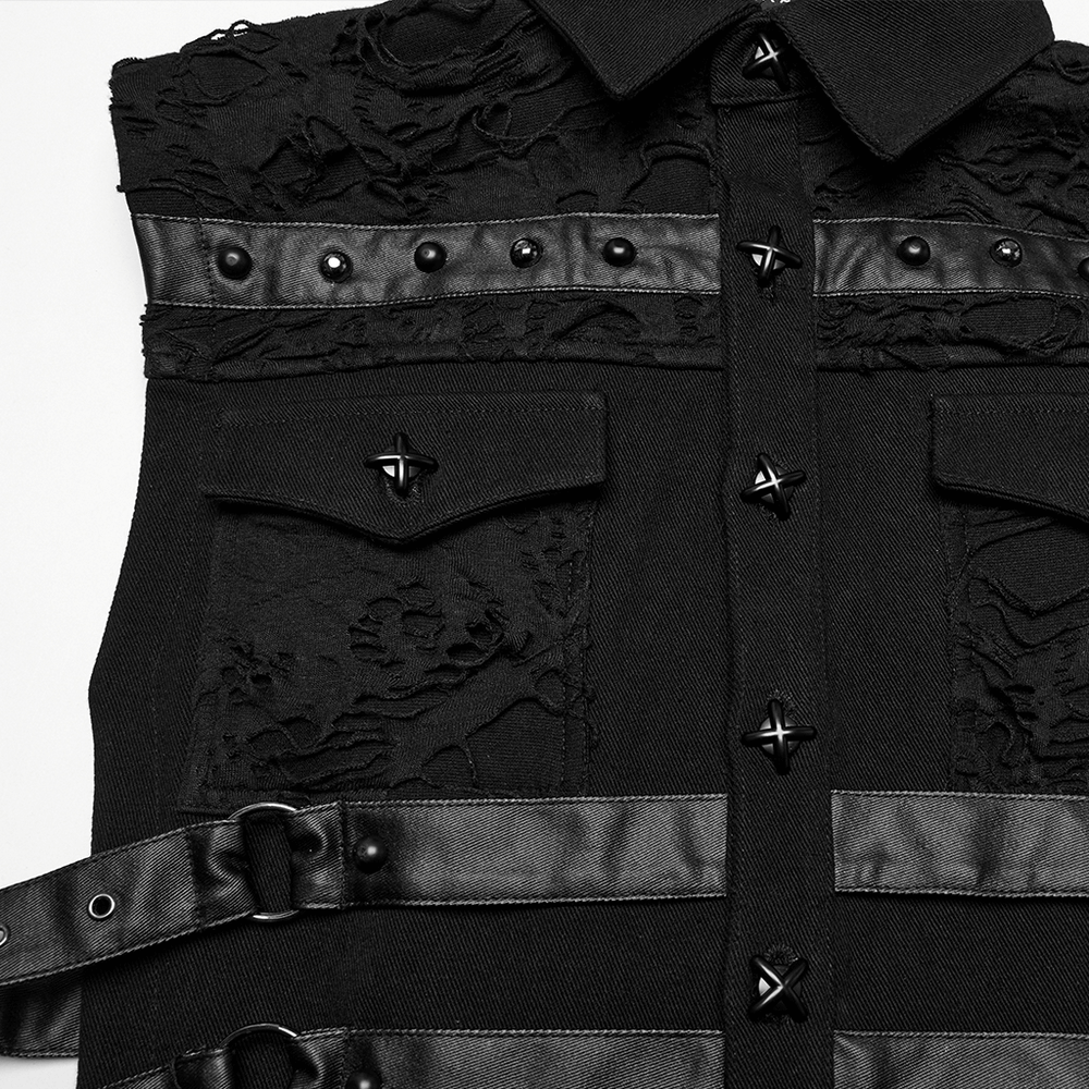 Stylish black cyberpunk vest with textured fabric, buckles, and metal accents for a rebellious streetwear vibe.