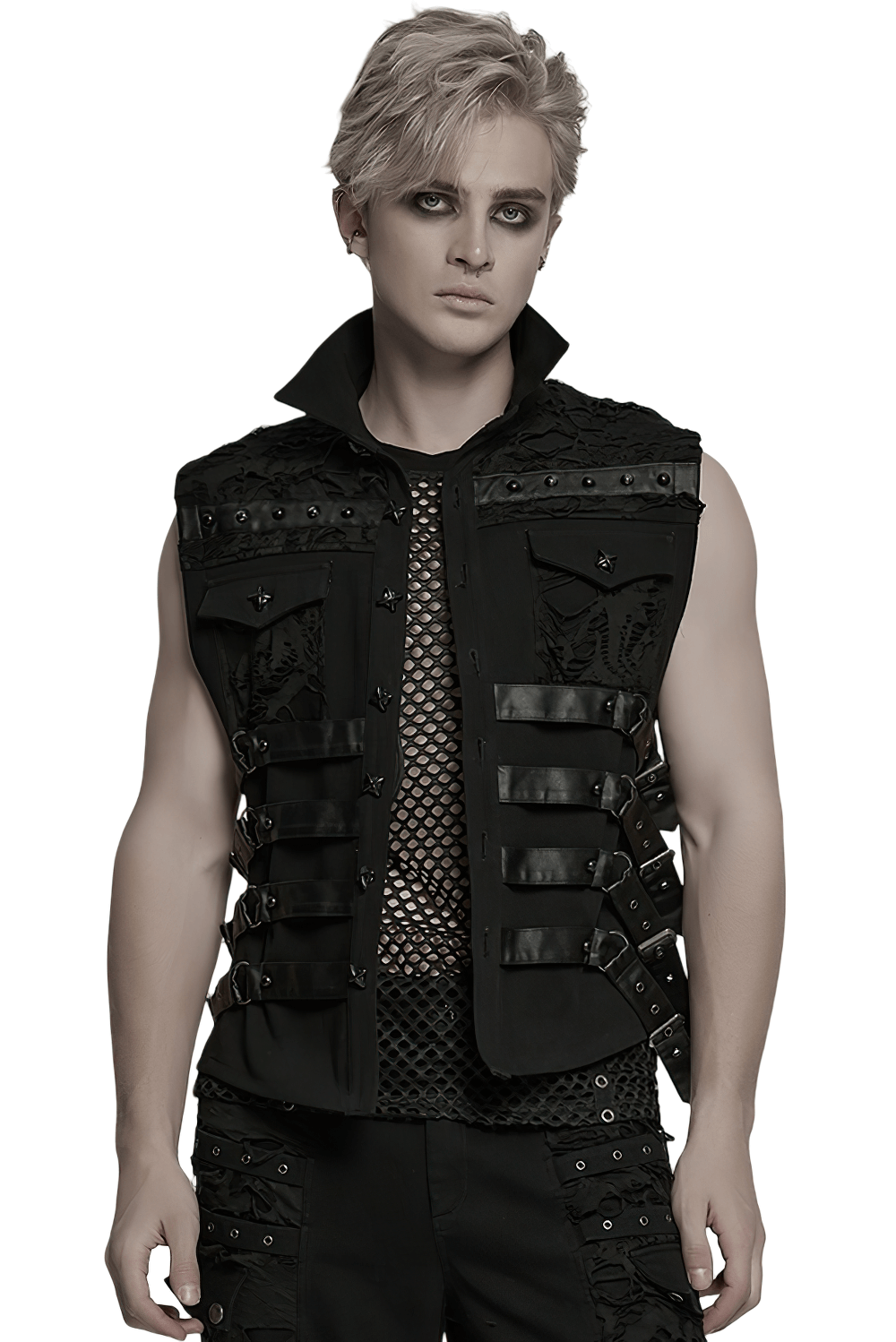 Stylish cyberpunk black vest with armor back panel and metal accents for men, showcasing gothic streetwear.