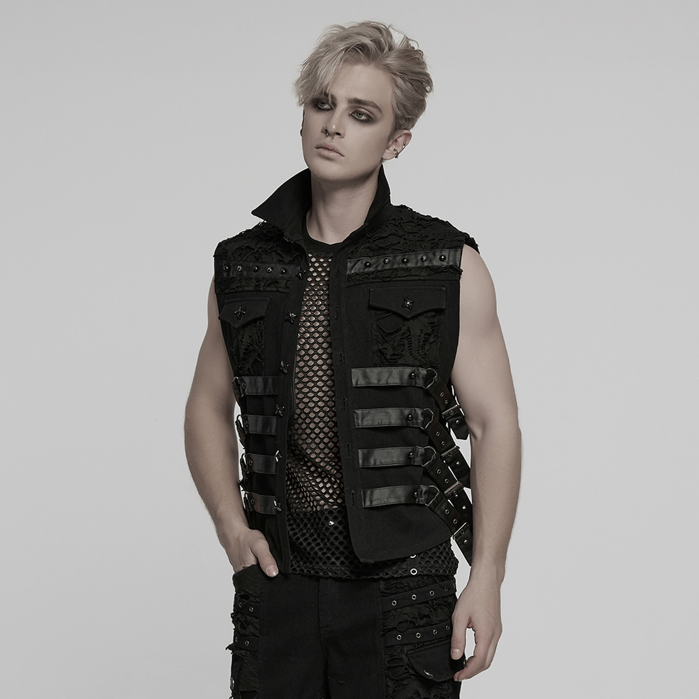 Stylish Cyberpunk Black Vest with Armor Back Panel, featuring a punk warrior vibe and bold metal accents.