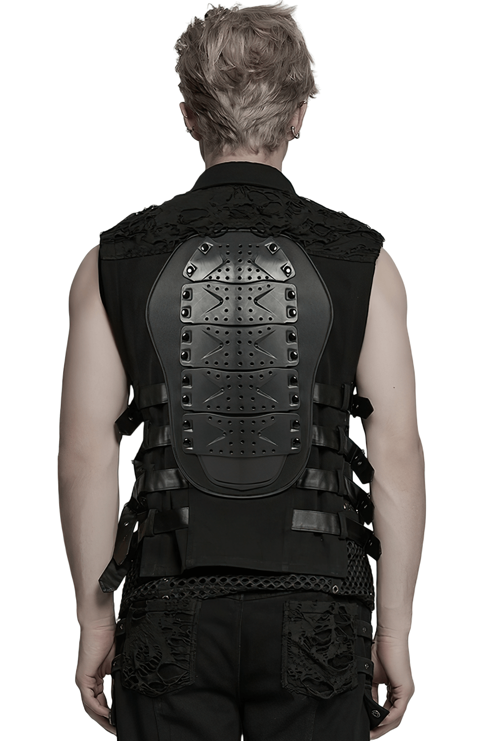 Back view of a stylish cyberpunk black vest showcasing its armored spine panel and front buckle straps.