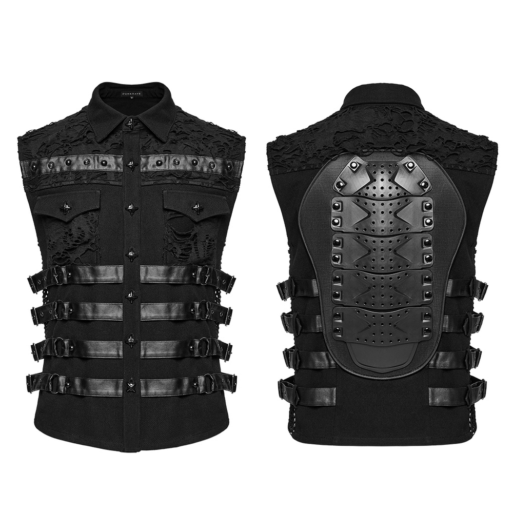 Stylish Cyberpunk black vest with armored back panel and buckle straps for men, combining gothic streetwear and futuristic design.