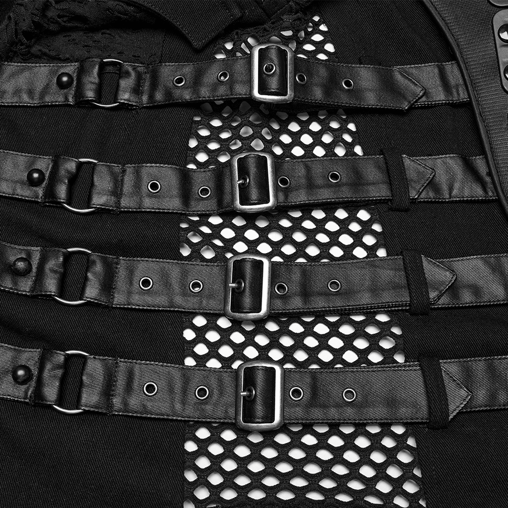 Close-up of Stylish Cyberpunk Black Vest showcasing buckle straps and mesh details, perfect for Gothic streetwear.