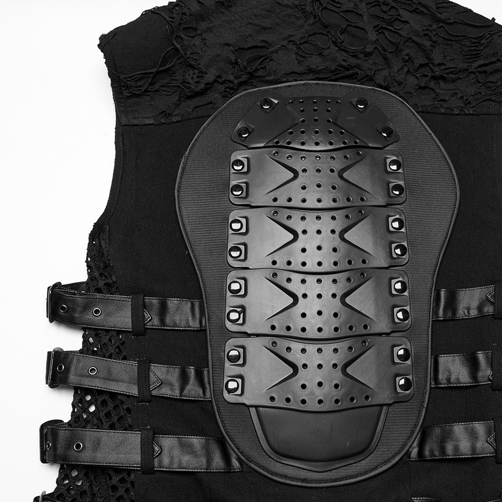 Stylish cyberpunk black vest with armored back panel and buckle straps, perfect for gothic streetwear.