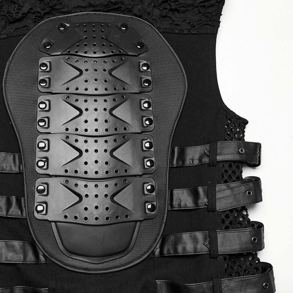 Close-up of a stylish cyberpunk vest showing armored back panel and buckle straps, perfect for gothic streetwear.
