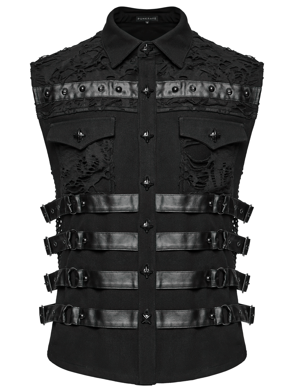 Stylish cyberpunk black vest featuring layered fabric, buckle straps, and armored details for a bold streetwear look.