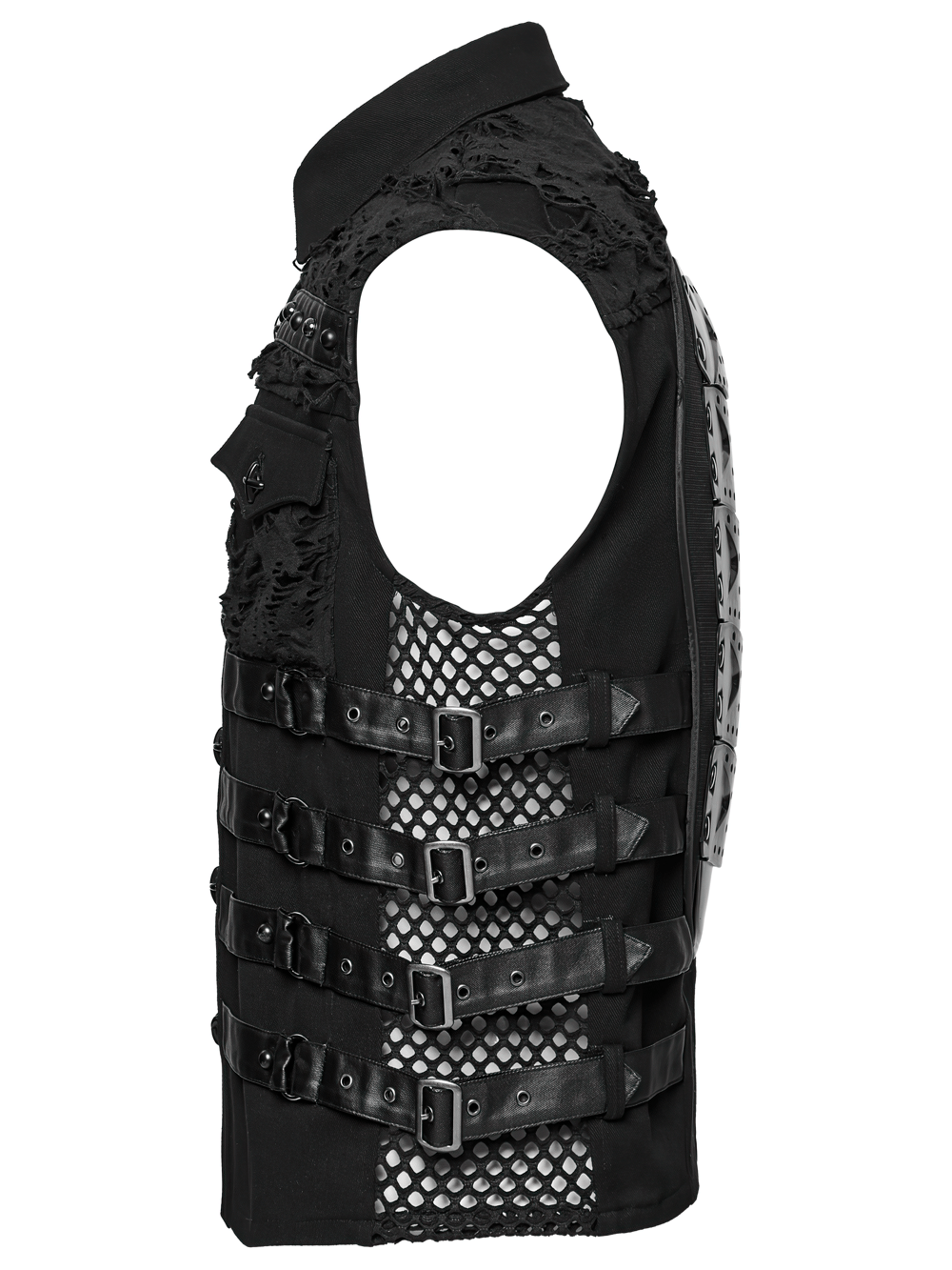 Stylish Cyberpunk Black Vest with armored back panel, featuring buckle straps and edgy woven textures for a rebellious vibe.