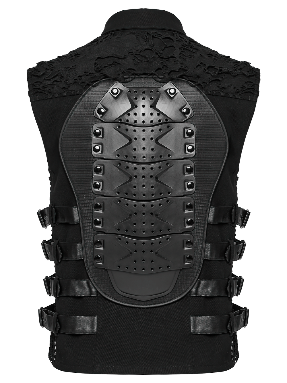 Stylish cyberpunk black vest with armored back panel for men, featuring layered fabrics and bold punk accents.