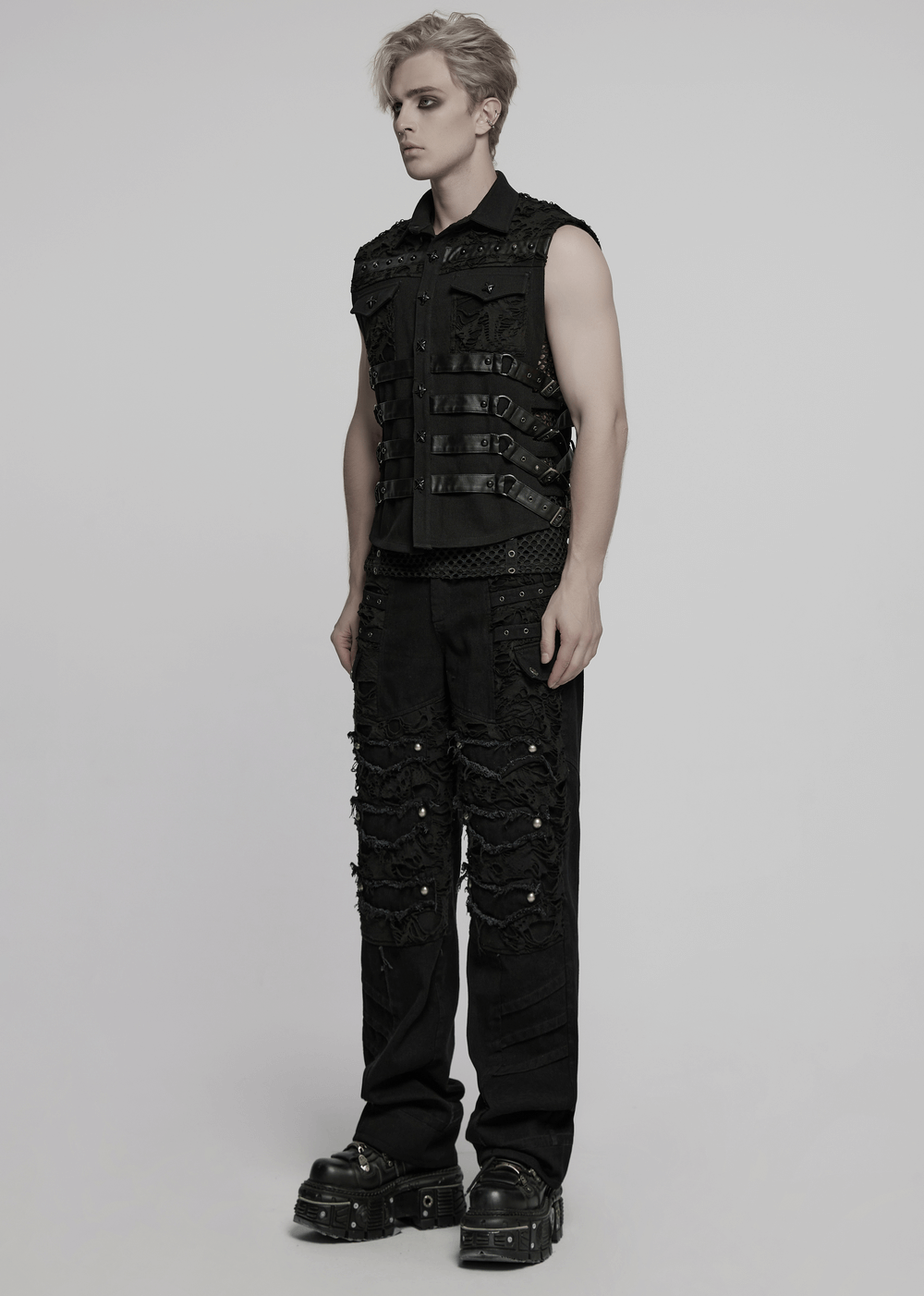 Stylish Cyberpunk Black Vest with Armor Back Panel worn by model, showcasing edgy gothic streetwear vibes.
