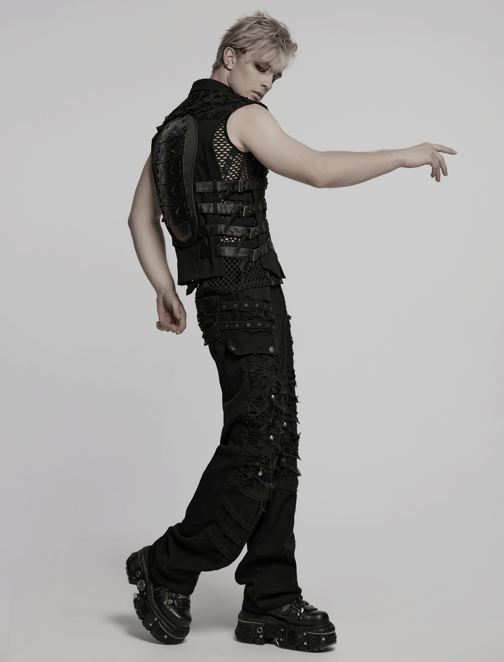 Stylish cyberpunk black vest with armored back panel, perfect for gothic streetwear and punk vibes.