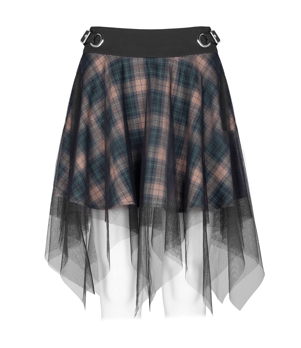 Stylish dark punk grunge plaid mesh asymmetric skirt with layered hem and buckle detailing.