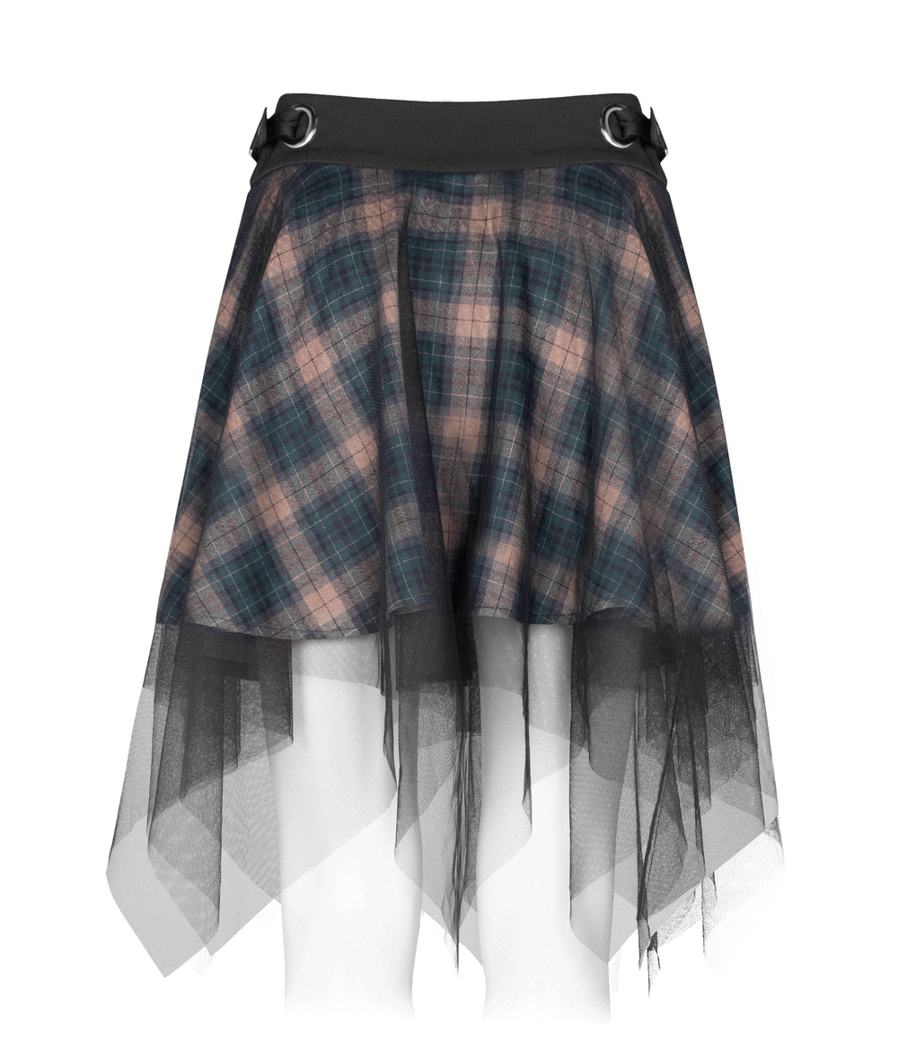 Stylish Dark Punk Grunge Plaid Mesh Asymmetric Skirt