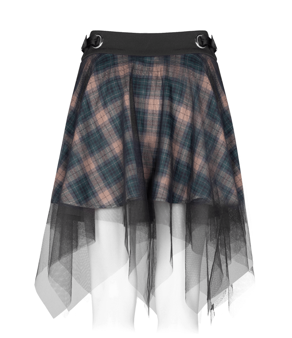 Stylish dark punk grunge plaid mesh asymmetric skirt with layered hem and wide waistband, perfect for edgy outfits.